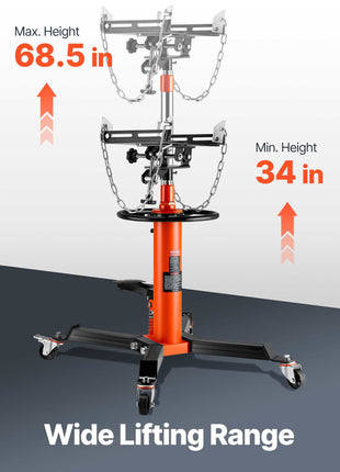 Orange hydraulic engine hoist with a wide lifting range, adjustable from 34 in to 68.5 in, featuring sturdy wheels.