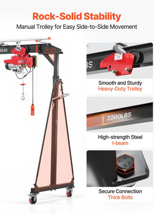 Adjustable Gantry Crane, 2200 lbs Capacity, Portable Shop Lift Hoist with 95.7-142.9 in Height Adjustable, Manual Trolley, Electrical Hoist, Sling, Shackles, for Factory Warehouse Auto Repair