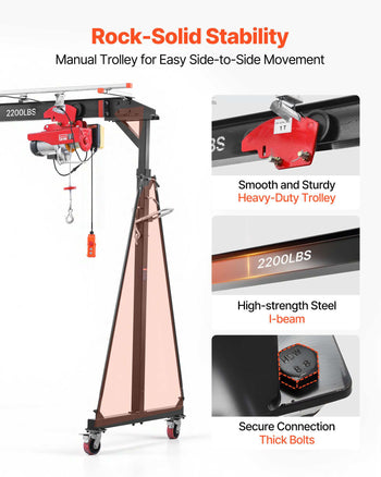 Adjustable Gantry Crane, 2200 lbs Capacity, Portable Shop Lift Hoist with 95.7-142.9 in Height Adjustable, Manual Trolley, Electrical Hoist, Sling, Shackles, for Factory Warehouse Auto Repair