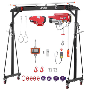 Adjustable Gantry Crane, 2200 lbs Capacity, Portable Shop Lift Hoist with 95.7-142.9 in Height Adjustable, Manual Trolley, Electrical Hoist, Sling, Shackles, for Factory Warehouse Auto Repair
