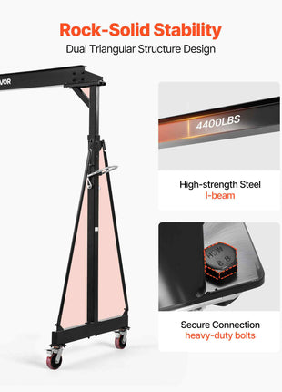 Adjustable Gantry Crane, 4400 lbs Capacity, Portable Shop Lift Hoist with 98.8" to 146.1" Height Adjustable, Locking Wheels, Steel Construction, for Factory, Warehouse, Auto Repair, Frame Only