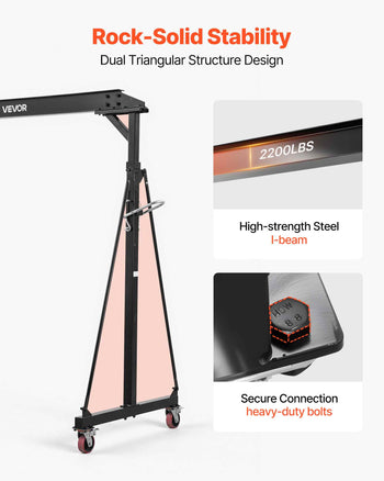 Adjustable Gantry Crane, 2200 lbs Capacity, Portable Shop Lift Hoist with 95.7" to 142.9" Height Adjustable, Locking Wheels, Steel Construction, for Factory, Warehouse, Auto Repair, Frame Only