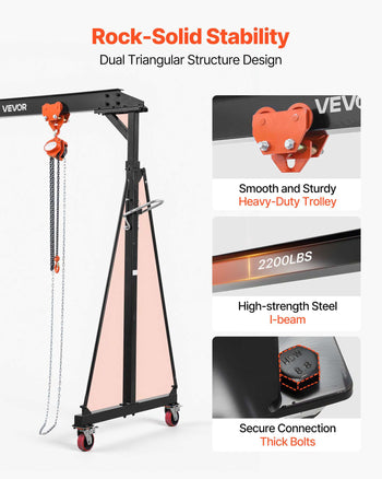 Adjustable Gantry Crane, 2200 lbs Capacity, Portable Shop Lift Hoist with 95.7-142.9 in Height Adjustable, Manual Trolley, Hoist, Sling, Shackles, Hooks, for Garage Factory Warehouse Auto Repair