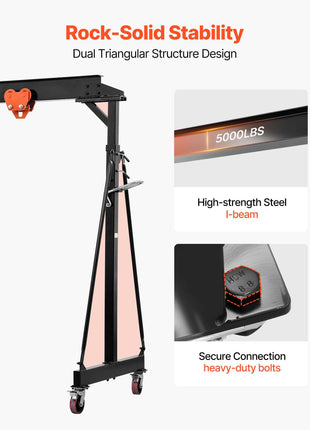 Adjustable Gantry Crane, 5000 lbs Capacity, Portable Shop Lift Hoist with 100.4-147.6 in Height Adjustable, Manual Trolley, Locking Wheels, Steel Construction, for Factory Warehouse Auto Repair