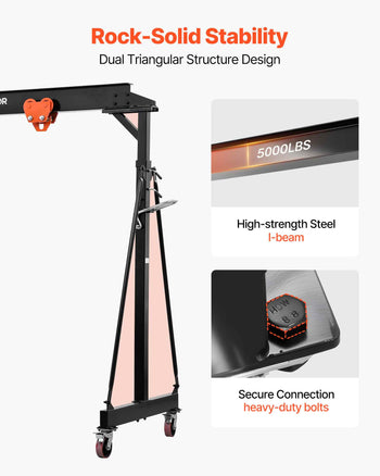 Adjustable Gantry Crane, 5000 lbs Capacity, Portable Shop Lift Hoist with 100.4-147.6 in Height Adjustable, Manual Trolley, Locking Wheels, Steel Construction, for Factory Warehouse Auto Repair