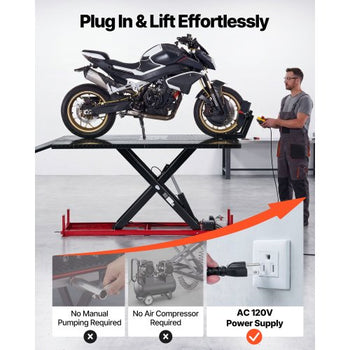 Motorcycle Lift Table, 1500 lbs Capacity, Electric Hydraulic Pump with Scissor Lift Jack, Wheel Chock, 9.05"-41.73" Height, 78.3" x 50.4" Extra-Wide Heavy Duty Repair Stand for ATV, Dirt Bike