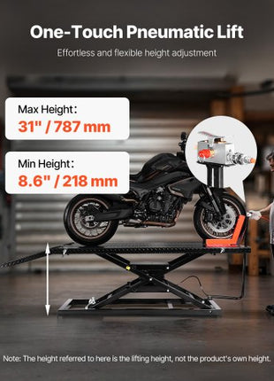 Motorcycle Lift Table, 1500lbs Weight Capacity, Pneumatic Motorcycle Jack, 8.6-31 in Height Range, Heavy Duty Bike Repair Stand with Removable Workbench, Repair Platform for ATVs, Dirt Bike