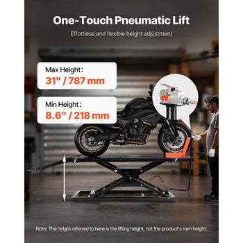 Motorcycle Lift Table, 1500lbs Weight Capacity, Pneumatic Motorcycle Jack, 8.6-31 in Height Range, Heavy Duty Bike Repair Stand with Removable Workbench, Repair Platform for ATVs, Dirt Bike