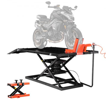 Motorcycle Lift Table, 1500lbs Weight Capacity, Pneumatic Motorcycle Jack, 8.6-31 in Height Range, Heavy Duty Bike Repair Stand with Removable Workbench, Repair Platform for ATVs, Dirt Bike