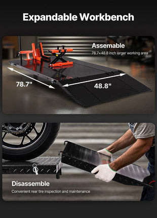Motorcycle Lift Table, 1500lbs Weight Capacity, Pneumatic Motorcycle Jack, 8.6-31 in Height Range, Heavy Duty Bike Repair Stand with Removable Workbench, Repair Platform for ATVs, Dirt Bike