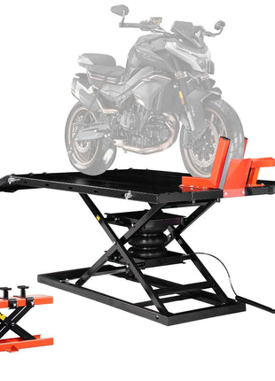 Motorcycle Lift Table, 1500lbs Weight Capacity, Pneumatic Motorcycle Jack, 8.6-31 in Height Range, Heavy Duty Bike Repair Stand with Removable Workbench, Repair Platform for ATVs, Dirt Bike