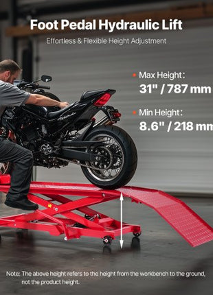 Motorcycle Lift Table, 1000lbs Weight Capacity, 360° Flexible Moving Motorcycle Jack Stand, 8.6-31 in Height Range, Heavy Duty Bike Repair Stand with Security Lock for ATVs, Dirt Bike