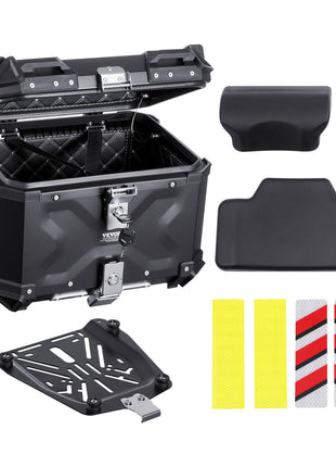 Motorcycle Top Case, Universal Aluminum Alloy Motorbike Tail Box with Leather Lining, 55L Waterproof Detachable Motorcycle Top Box with Lock & Back Cushion, Fit for 99% of Motorcycle Frames