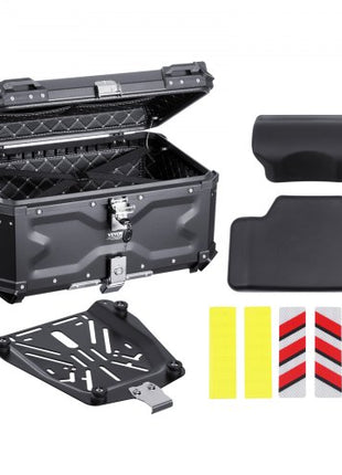 Motorcycle Top Case, Universal Aluminum Alloy Motorbike Tail Box with Leather Lining, 65L Waterproof Detachable Motorcycle Top Box with Lock & Back Cushion, Fit for 99% of Motorcycle Frames