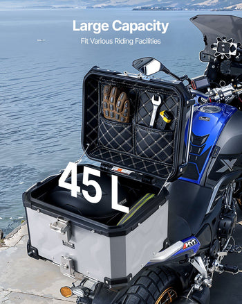 Motorcycle Top Case, Universal Aluminum Alloy Motorbike Tail Box with Leather Lining, 45L Waterproof Detachable Motorcycle Top Box with Lock & Back Cushion, Fit for 99% of Motorcycle Frames