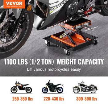 Motorcycle Lift, 1100 LBS Motorcycle Lift ATV Scissor Lift Jack with Dolly & Hand Crank, Center Hoist Crank Stand with Wide Deck & Tool Tray for Street Bikes, Cruiser Bikes, Touring Motorcycles