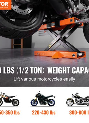 Motorcycle Lift, 500 kg Motorcycle Center Scissor Lift Jack with Saddle & Safety Pin, Steel Motorcycle Jack Hoist Stand for Street Bikes, Cruiser Bikes, Touring Motorcycles