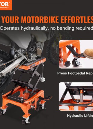 Hydraulic Motorcycle Lift Table, 350 LBS Capacity Motorcycle Scissor Jack Lift with Wide Deck, J-hooks, 4 Wheels, Hydraulic Foot-Operated Jack Stand for ATV Dirt Bikes