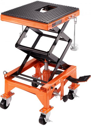 Hydraulic Motorcycle Lift Table, 350 LBS Capacity Motorcycle Scissor Jack Lift with Wide Deck, J-hooks, 4 Wheels, Hydraulic Foot-Operated Jack Stand for ATV Dirt Bikes
