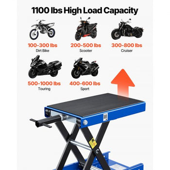 Motorcycle Lift, 1100 lbs Motorcycle Scissor Lift Jack with Wide Deck & Lock Pin, 3.74"-13.38" Center Hoist Crank Stand, Steel Scissor Jack for Street Bikes, Cruiser Bikes, Touring, Blue/Black