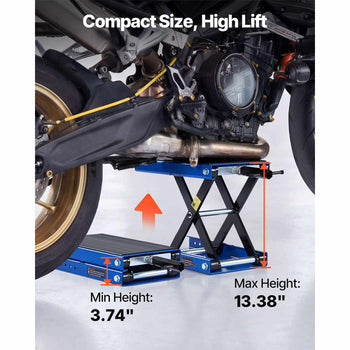 Motorcycle Lift, 1100 lbs Motorcycle Scissor Lift Jack with Wide Deck & Lock Pin, 3.74"-13.38" Center Hoist Crank Stand, Steel Scissor Jack for Street Bikes, Cruiser Bikes, Touring, Blue/Black