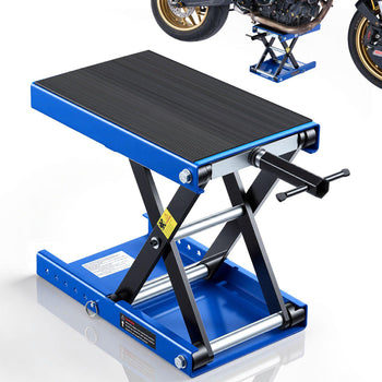 Motorcycle Lift, 1100 lbs Motorcycle Scissor Lift Jack with Wide Deck & Lock Pin, 3.74"-13.38" Center Hoist Crank Stand, Steel Scissor Jack for Street Bikes, Cruiser Bikes, Touring, Blue/Black