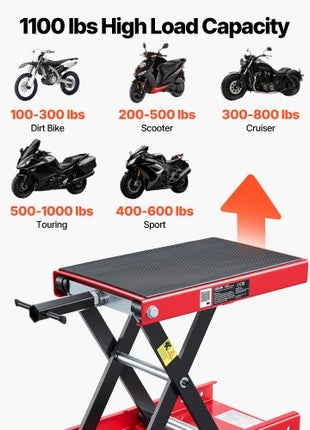 Motorcycle Lift, 1100 lbs Motorcycle Scissor Lift Jack with Wide Deck & Lock Pin, 3.74"-13.38" Center Hoist Crank Stand, Steel Scissor Jack for Street Bikes, Cruiser Bikes, Touring, Red/Black
