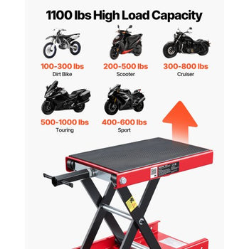 Motorcycle Lift, 1100 lbs Motorcycle Scissor Lift Jack with Wide Deck & Lock Pin, 3.74"-13.38" Center Hoist Crank Stand, Steel Scissor Jack for Street Bikes, Cruiser Bikes, Touring, Red/Black