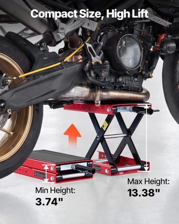 Motorcycle Lift, 1100 lbs Motorcycle Scissor Lift Jack with Wide Deck & Lock Pin, 3.74"-13.38" Center Hoist Crank Stand, Steel Scissor Jack for Street Bikes, Cruiser Bikes, Touring, Red/Black