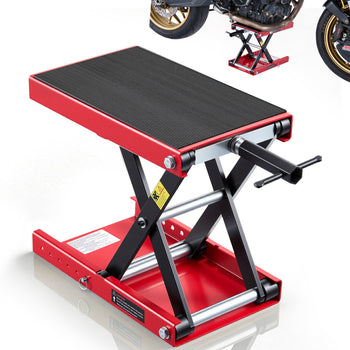 Motorcycle Lift, 1100 lbs Motorcycle Scissor Lift Jack with Wide Deck & Lock Pin, 3.74"-13.38" Center Hoist Crank Stand, Steel Scissor Jack for Street Bikes, Cruiser Bikes, Touring, Red/Black