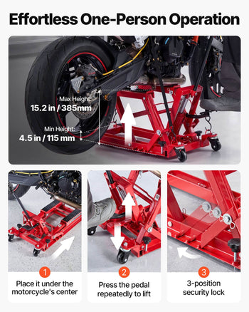 Hydraulic Motorcycle Lift Jack, 1500 lbs Capacity, ATV Lift Jack Portable Motorcycle Hoist Stand with 4 Wheels, 4.5"-15.2" Height Range, Hydraulic Foot-Operated Hoist Stand for ATVs, Dirt Bikes