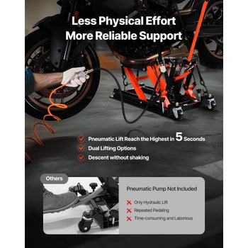 Motorcycle Lift, 1500lbs Weight Capacity, Hydraulic & Pneumatic Motorcycle Jack, 4.1-15 in Height Range, Heavy Duty Bike Repair Stand with Removable Ramp with 2 Casters for ATVs, Dirt Bike