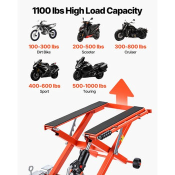 Hydraulic Motorcycle Lift Jack, 1100 lbs Capacity, Scissor Lift Jack Portable Motorcycle Hoist Stand with 6 Wheels, 4.72"-15.15" Height Range, Hydraulic Foot-Operated Hoist Stand for Dirt Bikes