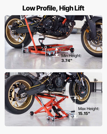 Hydraulic Motorcycle Lift Jack, 1100 lbs Capacity, Scissor Lift Jack Portable Motorcycle Hoist Stand with 6 Wheels, 4.72"-15.15" Height Range, Hydraulic Foot-Operated Hoist Stand for Dirt Bikes