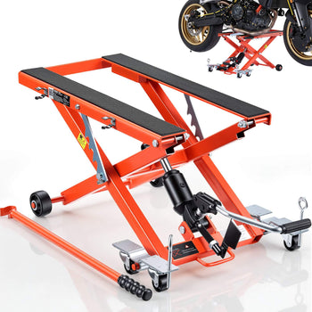Hydraulic Motorcycle Lift Jack, 1100 lbs Capacity, Scissor Lift Jack Portable Motorcycle Hoist Stand with 6 Wheels, 4.72"-15.15" Height Range, Hydraulic Foot-Operated Hoist Stand for Dirt Bikes