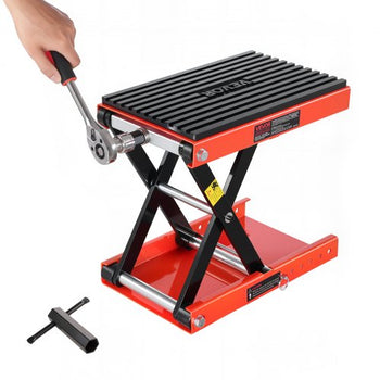 Motorcycle Lift, 1200lbs Weight Capacity, Wide Deck Motorcycle Scissor Jack, 4.1-15 in Height Range, Heavy Duty Steel Bike Repair Center Stand with Ratchet and Crank for ATVs, Dirt Bikes