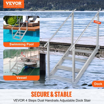 Dock Ladder 4 Step, Dock Stairs 30''-38'' Adjustable Height, 500 lbs Load Capacity, Aluminum Pontoon Boat Ladder with Dual Handrails & Nonslip Mat for Ship/Lake/Pool/Marine Boarding