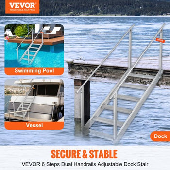 Dock Ladder, 43''-51'' Adjustable Height, 500 lbs Load Capacity, Aluminum Alloy 6 Steps Pontoon Boat Ladder with Dual Handrails & Nonslip Mat, Ideal for Ship/Lake/Pool/Marine Boarding