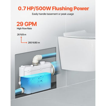 Macerator Pump, 500W, 29 GPM Flow, 26 ft/8 m Head, Macerator Wall-Hung Toilet Pump with 4 Water Inlets, Waste Water Disposal Upflush Machine for Toilet, Basement, Shower, Sink, Laundry, Bathtub