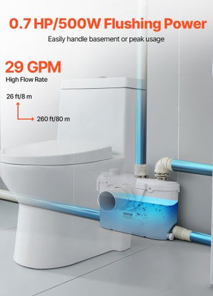 Macerator Pump, 500W, 29 GPM Flow, 26 ft/8 m Head, Macerator Sewerage Toilet Pump with 4 Water Inlets, Waste Water Disposal Upflush Machine for Toilet, Basement, Shower, Sink, Laundry, Bathtub