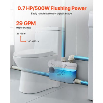 Macerator Pump, 500W, 29 GPM Flow, 26 ft/8 m Head, Macerator Sewerage Toilet Pump with 4 Water Inlets, Waste Water Disposal Upflush Machine for Toilet, Basement, Shower, Sink, Laundry, Bathtub