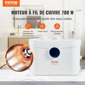 Macerator Pump, 700W, 9600 L/h Flow, 32.8 ft/10 m Head, Macerator Sewerage Sump Pump with 3 Water Inlets for Toilet, Basement, Kitchen, Sink, Shower, Bathtub Waste Water Disposal Upflush Machine
