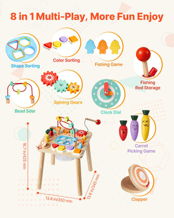 Montessori Activity Table for Toddler 1-3 Years Old, 8 in 1 Wooden Learn Activity Desk, Baby Play Table for Boys & Girls Aged 6+ Months, Great Birthday, Christmas, Children's Day Present