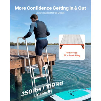 Flip-Up Dock Ladder, 4-Step, Heavy-Duty Aluminum Alloy Pontoon Boat Swim Ladder, with Non-Slip Wide Steps, 350 lbs Weight Capacity, Pull Rope Assist, Comfort Use for Lake Pool Marine Boarding