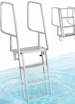 Flip-Up Dock Ladder, 4-Step, Heavy-Duty Aluminum Alloy Pontoon Boat Swim Ladder, with Non-Slip Wide Steps, 350 lbs Weight Capacity, Pull Rope Assist, Comfort Use for Lake Pool Marine Boarding
