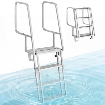 Flip-Up Dock Ladder, 4-Step, Heavy-Duty Aluminum Alloy Pontoon Boat Swim Ladder, with Non-Slip Wide Steps, 350 lbs Weight Capacity, Pull Rope Assist, Comfort Use for Lake Pool Marine Boarding