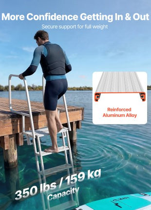 Flip-Up Dock Ladder, 5-Step, Heavy-Duty Aluminum Alloy Pontoon Boat Swim Ladder, with Non-Slip Wide Steps, 350 lbs Weight Capacity, Pull Rope Assist, Comfort Use for Lake Pool Marine Boarding