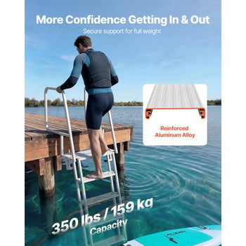 Flip-Up Dock Ladder, 5-Step, Heavy-Duty Aluminum Alloy Pontoon Boat Swim Ladder, with Non-Slip Wide Steps, 350 lbs Weight Capacity, Pull Rope Assist, Comfort Use for Lake Pool Marine Boarding