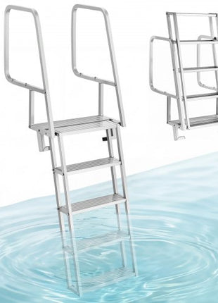 Flip-Up Dock Ladder, 5-Step, Heavy-Duty Aluminum Alloy Pontoon Boat Swim Ladder, with Non-Slip Wide Steps, 350 lbs Weight Capacity, Pull Rope Assist, Comfort Use for Lake Pool Marine Boarding