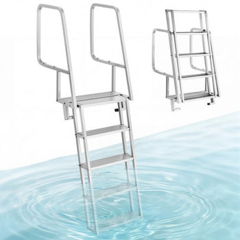 Flip-Up Dock Ladder, 5-Step, Heavy-Duty Aluminum Alloy Pontoon Boat Swim Ladder, with Non-Slip Wide Steps, 350 lbs Weight Capacity, Pull Rope Assist, Comfort Use for Lake Pool Marine Boarding